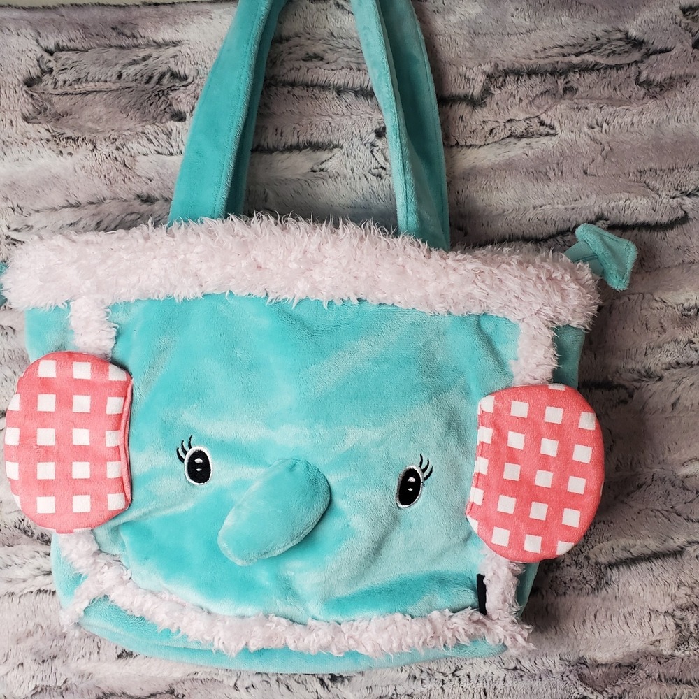 QZyiyi Plush Elephant Novelty Purse Zipper Checkered Ears/Bow Fluffy Trim Lined